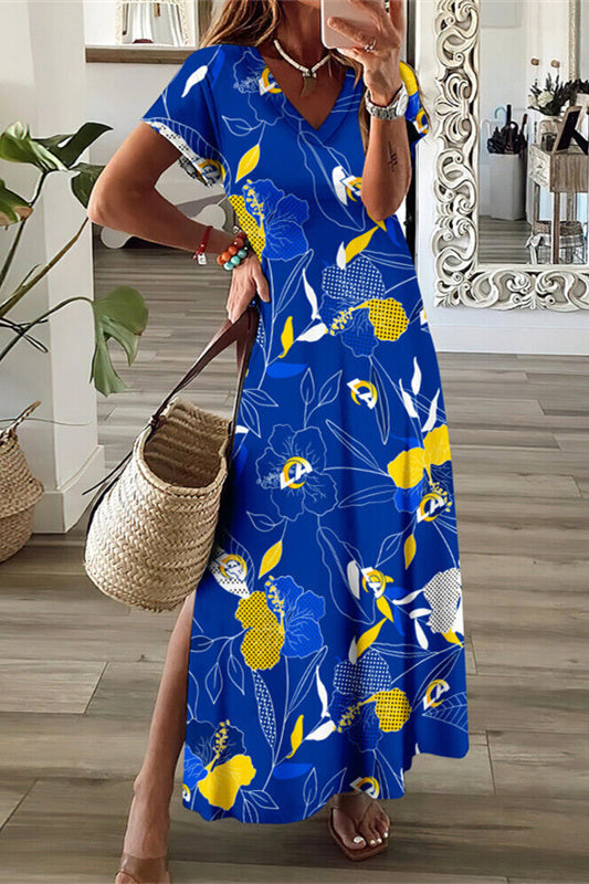 Los Angeles Rams V-Neck Side Slit Long Dress AZBTVSD000186