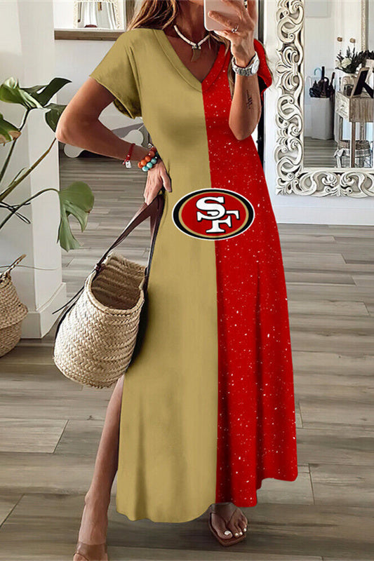 San Francisco 49ers V-Neck Side Slit Long Dress AZBTVSD000311