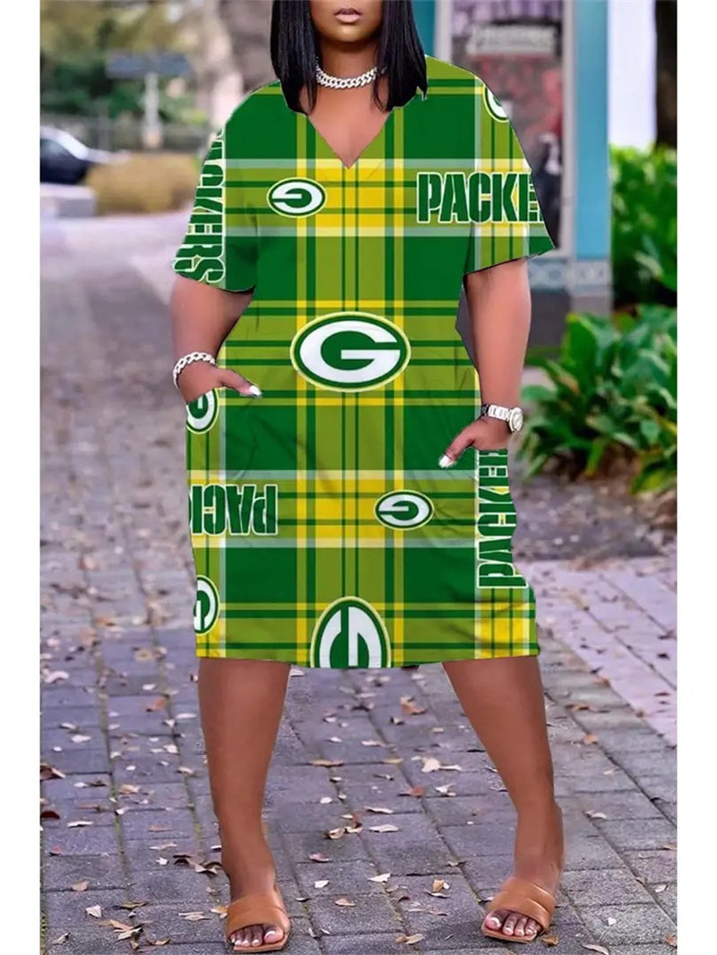Green Bay Packers V-neck Casual Pocket Dress Limited Edition AZBTVCPD000419