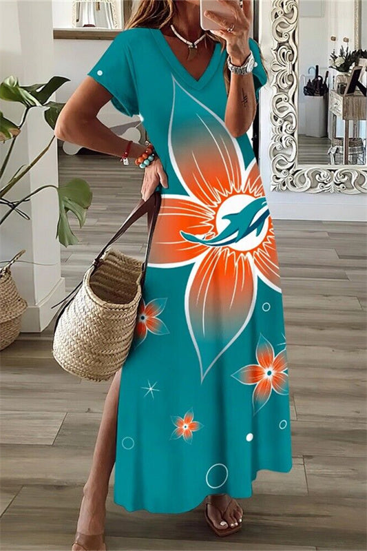 Miami Dolphins V-Neck Side Slit Long Dress AZBTVSD000496