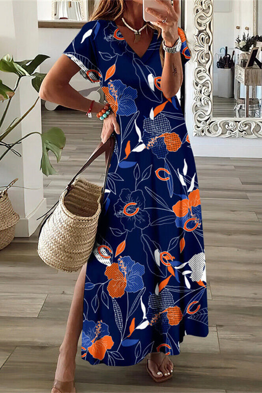 Chicago Bears V-Neck Side Slit Long Dress AZBTVSD000446