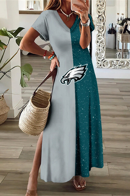 Philadelphia Eagles V-Neck Side Slit Long Dress AZBTVSD000354