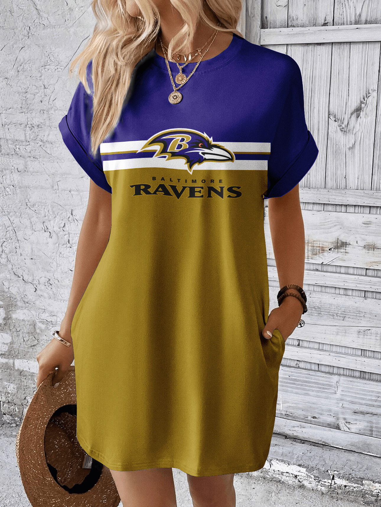 Baltimore Ravens Women Hidden Pocket Batwing Casual Dress AZDDBWCD000024