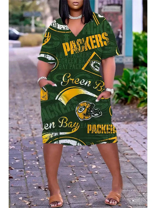 Green Bay Packers V-neck Casual Pocket Dress Limited Edition AZBTVCPD000081