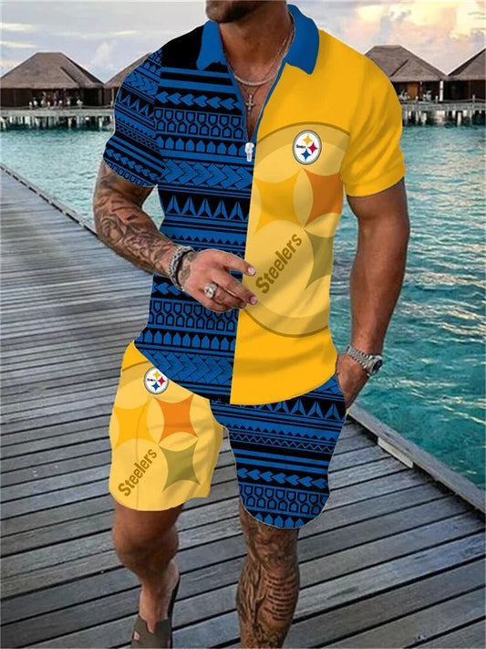 Pittsburgh Steelers Zip Polo Shirt And Shorts Men AZPLZ102