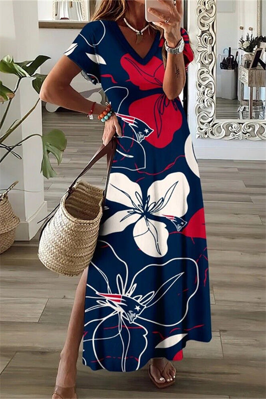 New England Patriots V-Neck Side Slit Long Dress AZBTVSD000288