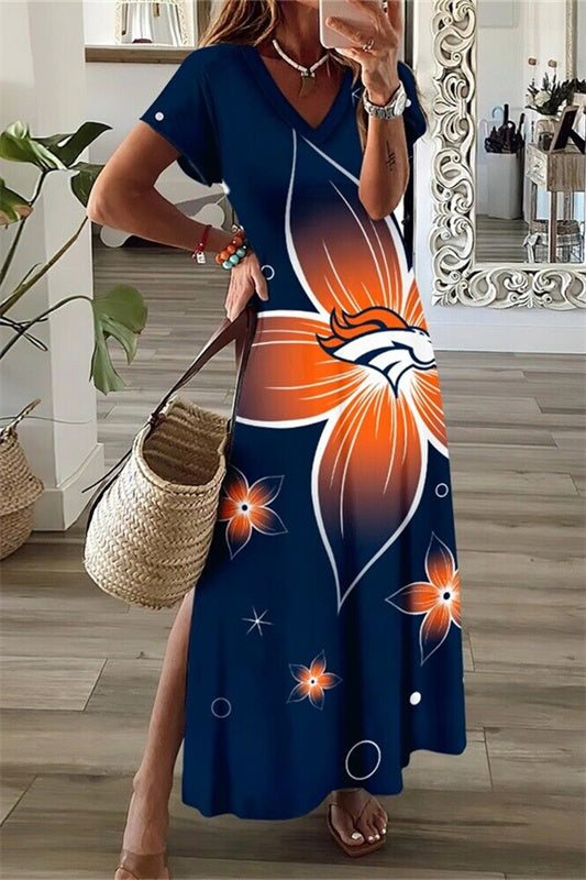 Denver Broncos V-Neck Side Slit Long Dress AZBTVSD000425