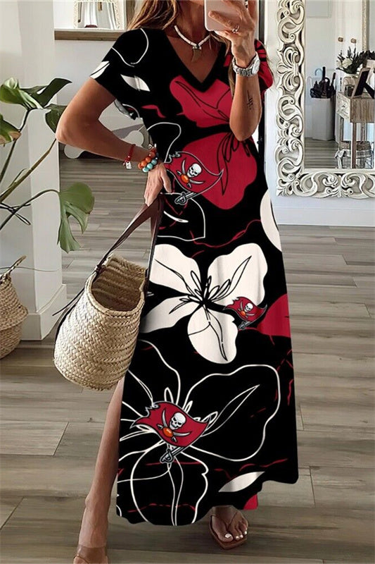 Tampa Bay Buccaneers V-Neck Side Slit Long Dress AZBTVSD000299