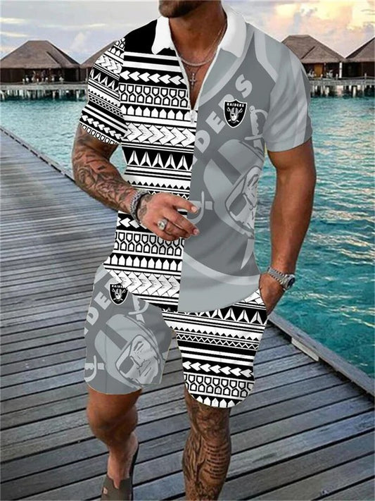 Las Vegas Raiders Zip Polo Shirt And Shorts Men AZPLZ137