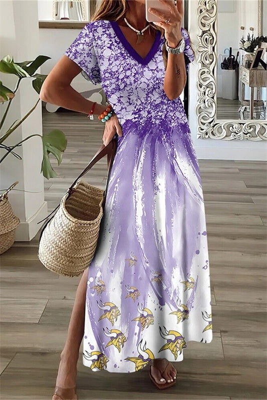 Minnesota Vikings V-Neck Side Slit Long Dress AZBTVSD000210