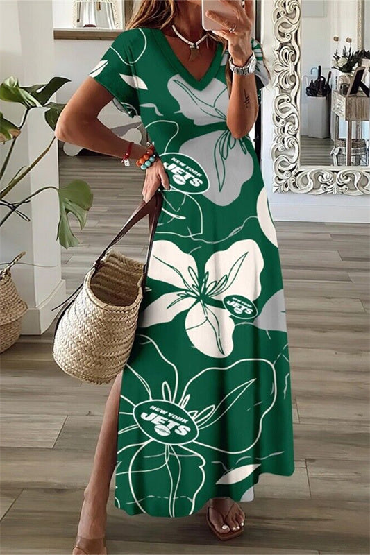 New York Jets V-Neck Side Slit Long Dress AZBTVSD000241