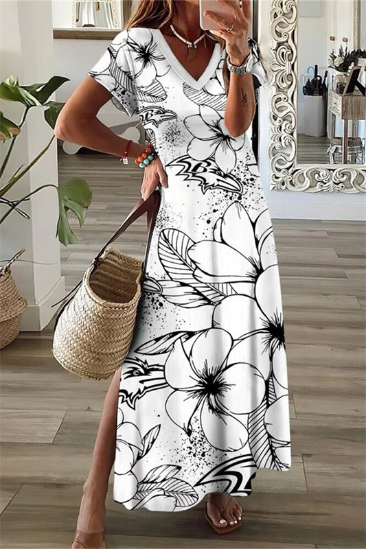 Baltimore Ravens V-Neck Side Slit Long Dress AZBTVSD000384