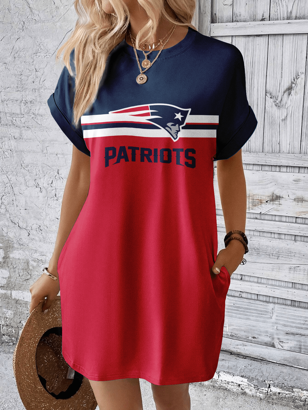 New England Patriots Women Hidden Pocket Batwing Casual Dress AZDDBWCD000049