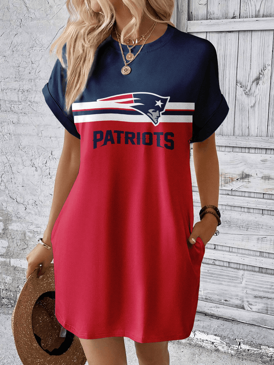New England Patriots Women Hidden Pocket Batwing Casual Dress AZDDBWCD000049