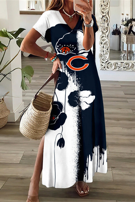 Chicago Bears V-Neck Side Slit Long Dress AZBTVSD000445