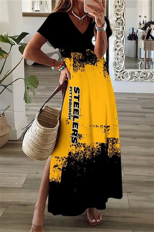 Pittsburgh Steelers V-Neck Side Slit Long Dress AZBTVSD000172