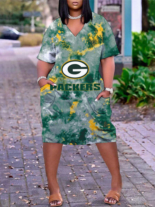 Green Bay Packers V-neck Casual Pocket Dress Limited Edition AZBTVCPD000323