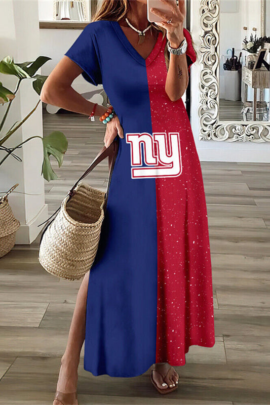 New York Giants V-Neck Side Slit Long Dress AZBTVSD000201