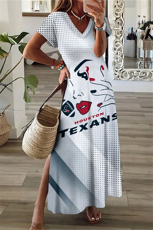 Houston Texans V-Neck Side Slit Long Dress AZBTVSD000419