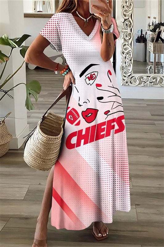 Kansas City Chiefs V-Neck Side Slit Long Dress AZBTVSD000314