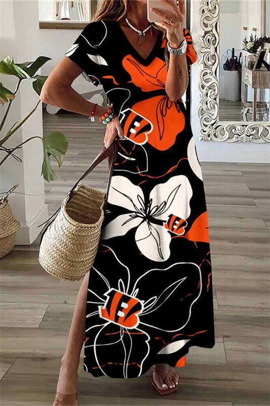 Cincinnati Bengals V-Neck Side Slit Long Dress AZBTVSD000190