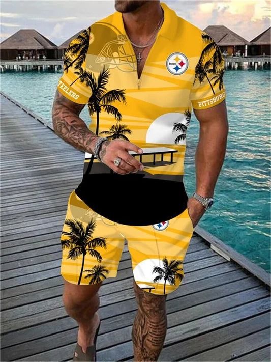 Pittsburgh Steelers Zip Polo Shirt And Shorts Men AZPLZ104