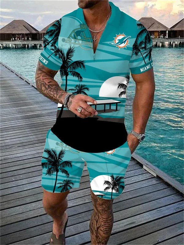 Miami Dolphins Zip Polo Shirt And Shorts Men AZPLZ138