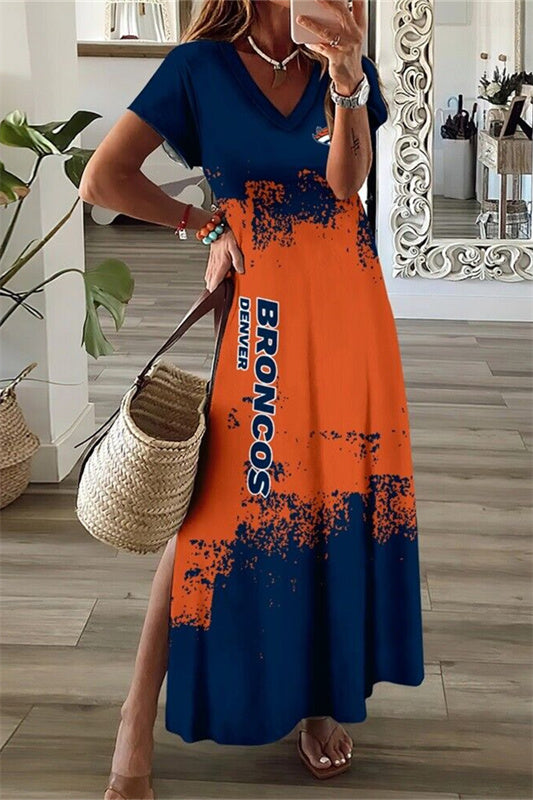 Denver Broncos V-Neck Side Slit Long Dress AZBTVSD000256