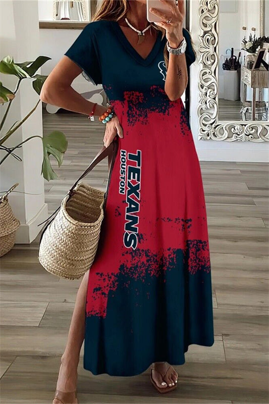 Houston Texans V-Neck Side Slit Long Dress AZBTVSD000420