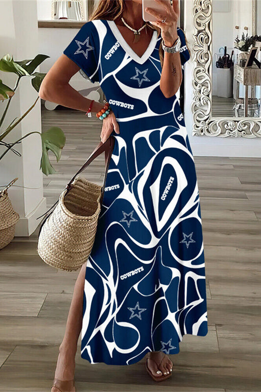 Dallas Cowboys V-Neck Side Slit Long Dress AZBTVSD000433