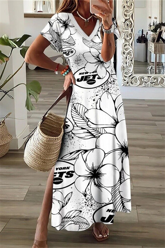 New York Jets V-Neck Side Slit Long Dress AZBTVSD000408