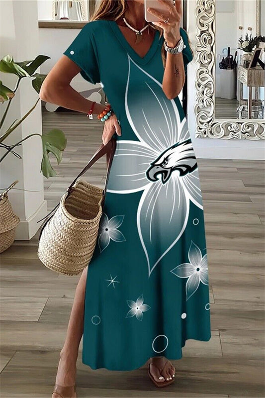Philadelphia Eagles V-Neck Side Slit Long Dress AZBTVSD000348