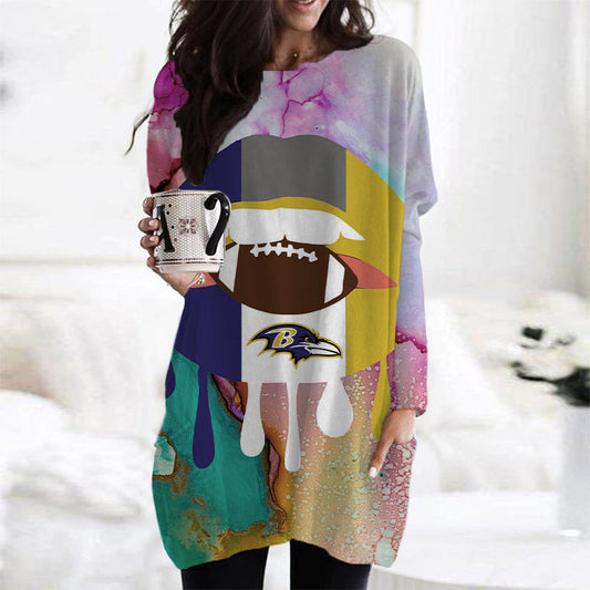 Baltimore Ravens Casual Long Sleeve Pocket Dress AZBTLSPD000028