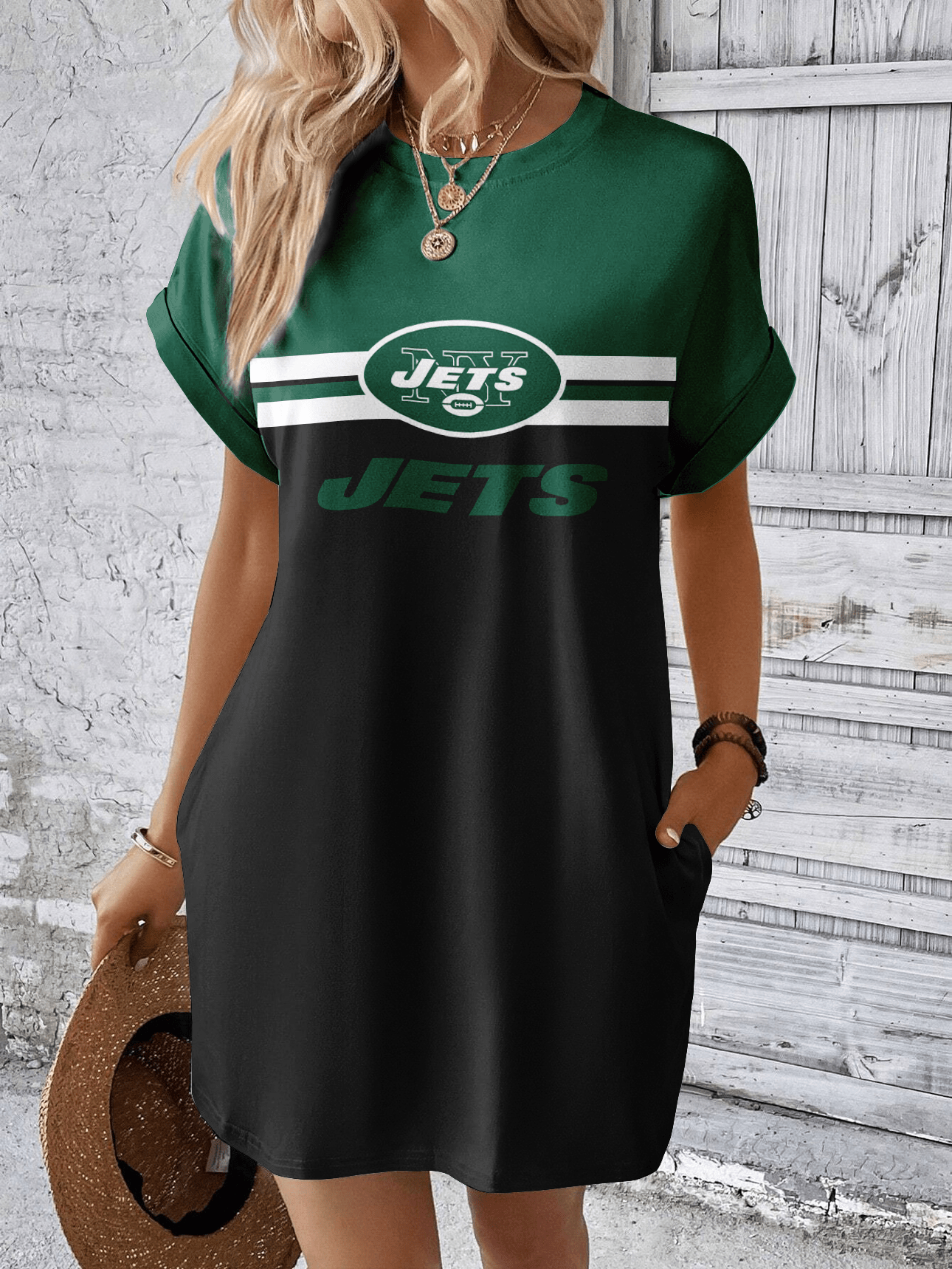 New York Jets Women Hidden Pocket Batwing Casual Dress AZDDBWCD000026