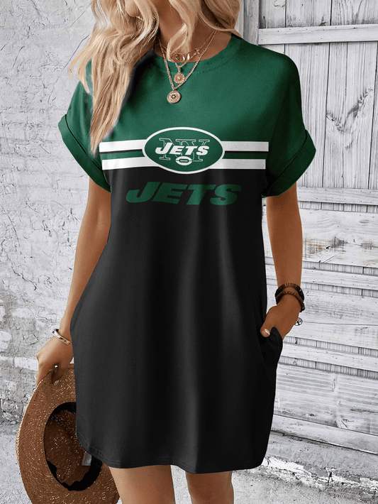 New York Jets Women Hidden Pocket Batwing Casual Dress AZDDBWCD000026