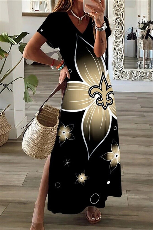 New Orleans Saints V-Neck Side Slit Long Dress AZBTVSD000004
