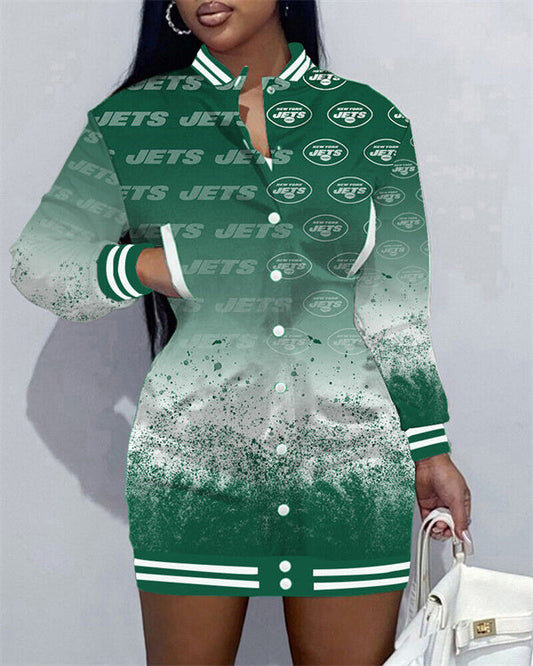 New York Jets Women Button Down Jacket Dress AZBTBDJD000113