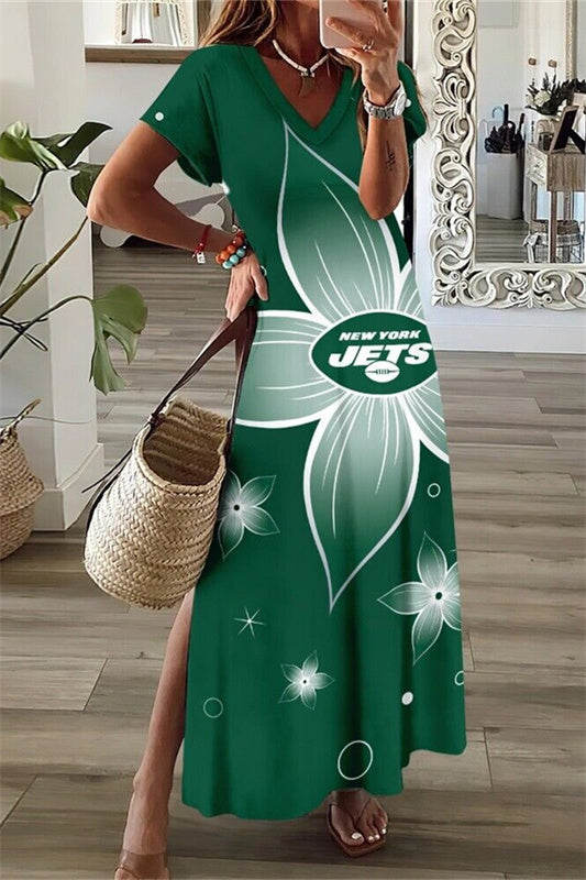 New York Jets V-Neck Side Slit Long Dress AZBTVSD000242