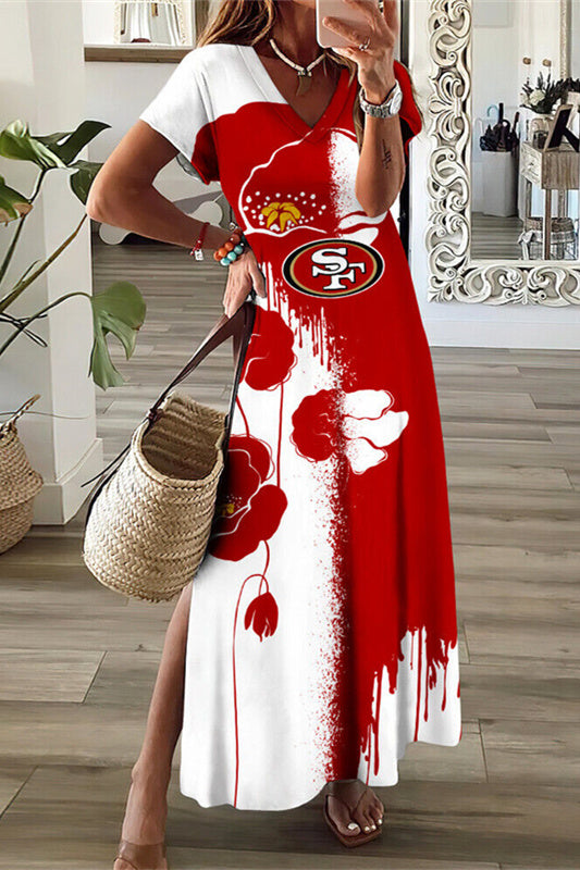 San Francisco 49ers V-Neck Side Slit Long Dress AZBTVSD000310