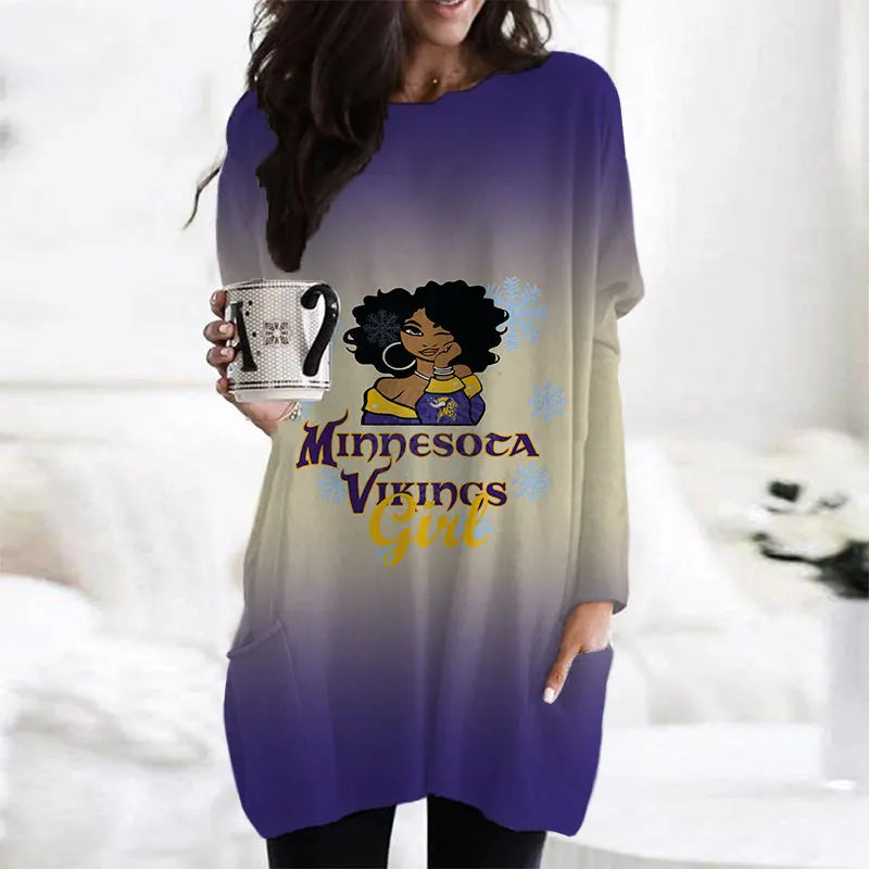 Minnesota Vikings Casual Long Sleeve Pocket Dress AZBTLSPD000029