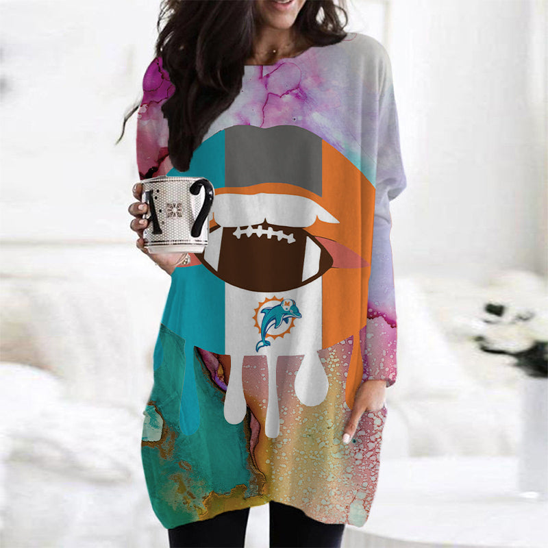 Miami Dolphins Casual Long Sleeve Pocket Dress AZBTLSPD000019