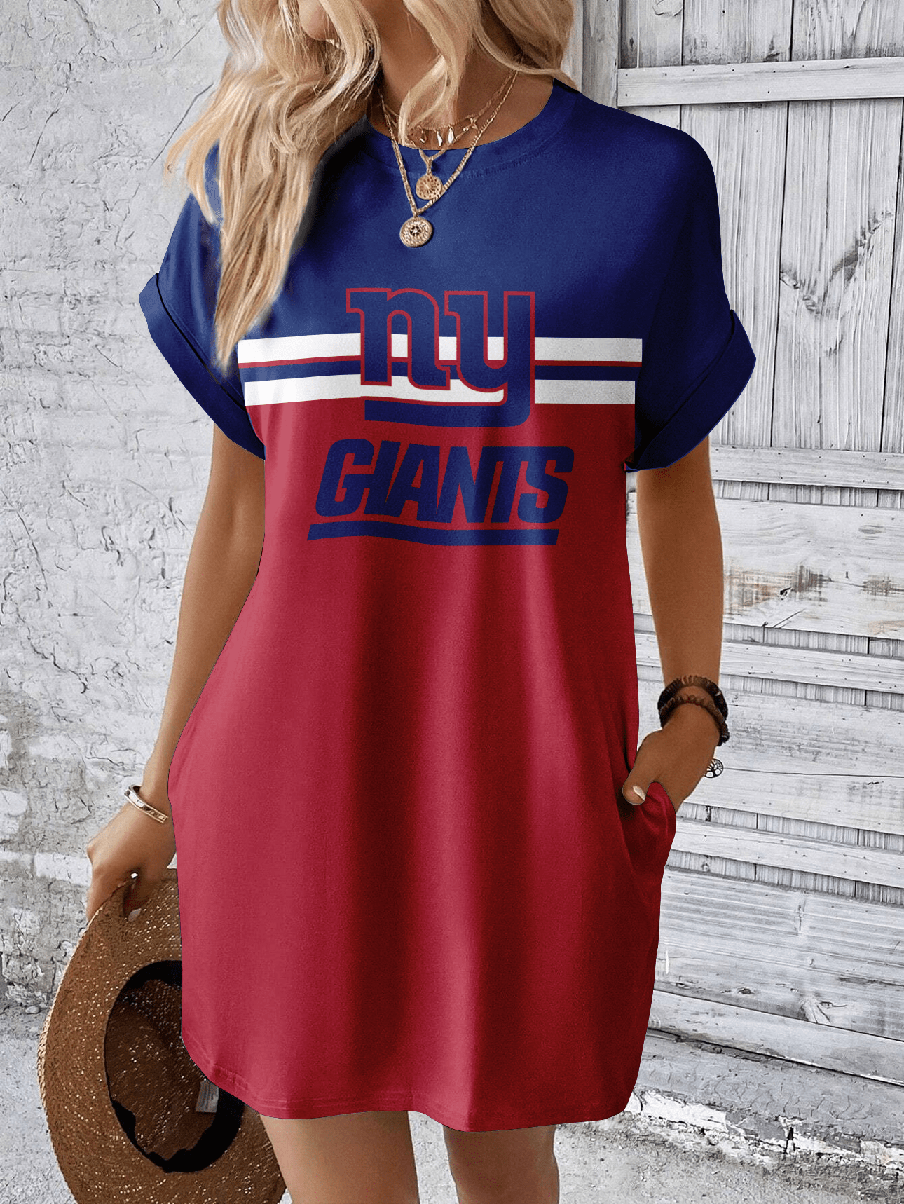 New York Giants Women Hidden Pocket Batwing Casual Dress AZDDBWCD000040