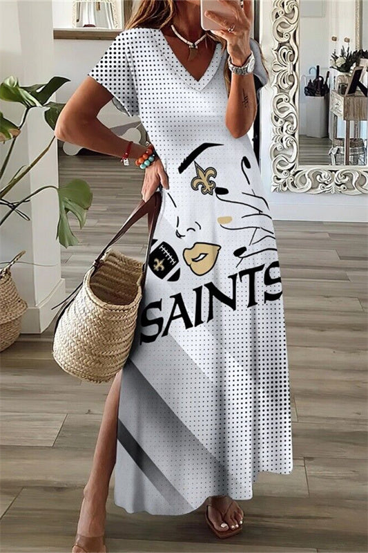 New Orleans Saints V-Neck Side Slit Long Dress AZBTVSD000404