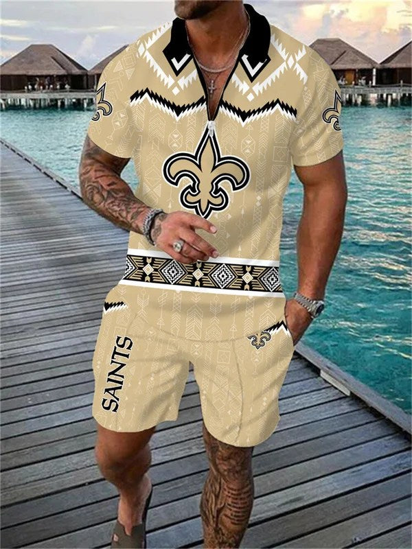 New Orleans Saints Zip Polo Shirt And Shorts Men AZPLZ088