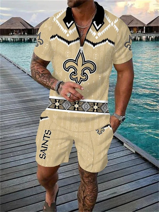New Orleans Saints Zip Polo Shirt And Shorts Men AZPLZ088
