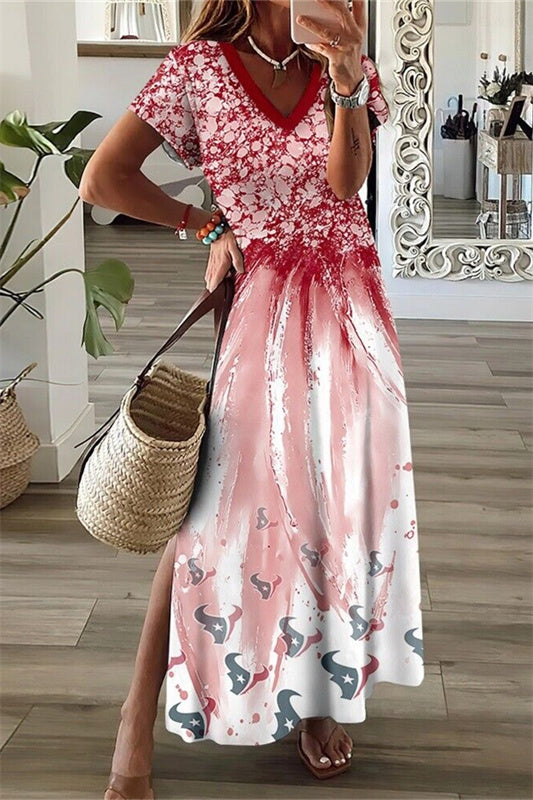 Houston Texans V-Neck Side Slit Long Dress AZBTVSD000464