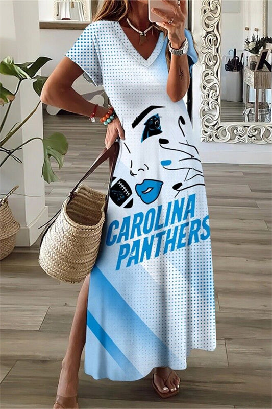 Carolina Panthers V-Neck Side Slit Long Dress AZBTVSD000369