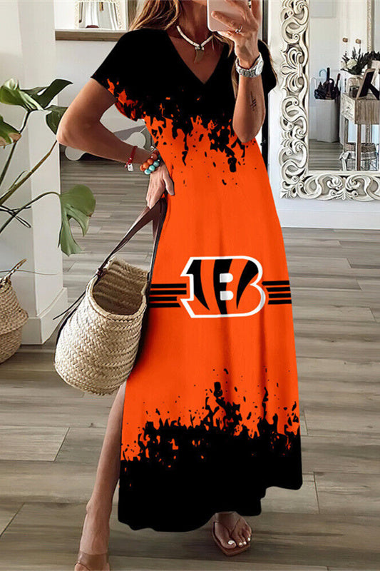 Cincinnati Bengals V-Neck Side Slit Long Dress AZBTVSD000362
