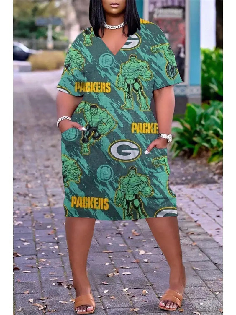 Green Bay Packers V-neck Casual Pocket Dress Limited Edition AZBTVCPD000418