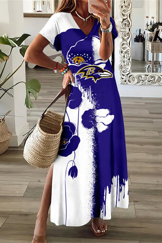 Baltimore Ravens V-Neck Side Slit Long Dress AZBTVSD000232